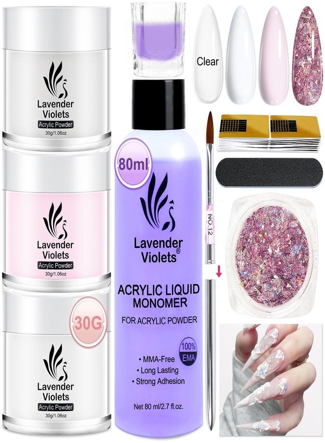 LAVENDER VIOLETS Acrylic Nail Kit - 30g x3 Clear, White, Pink Powder & 80ml Monomer Liquid Set with Carving Brush, Nail Forms, Foil Flakes N302 - Image 1
